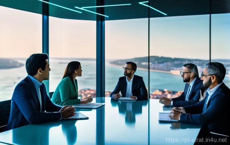 전략경영 전문 자격요건 - **Prompt 1: AI-Powered Business Innovation in Lisbon**
A group of diverse business professionals...