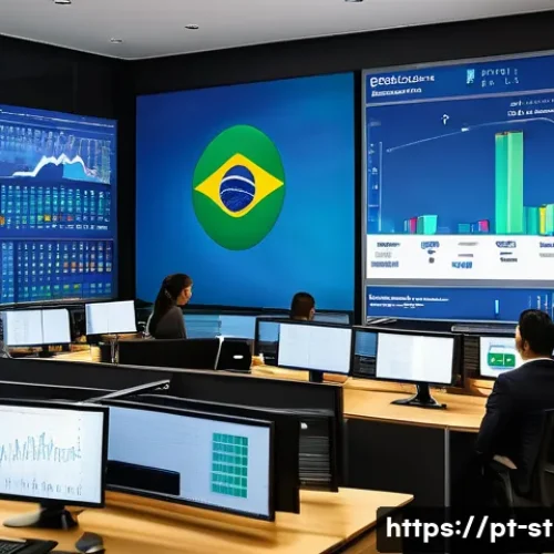 Home 29 전략경영에서 성과 평가 방법 - A modern corporate office setting with a diverse team of Brazilian business professionals analyzing ...