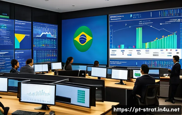 전략경영에서 성과 평가 방법 - A modern corporate office setting with a diverse team of Brazilian business professionals analyzing ...
