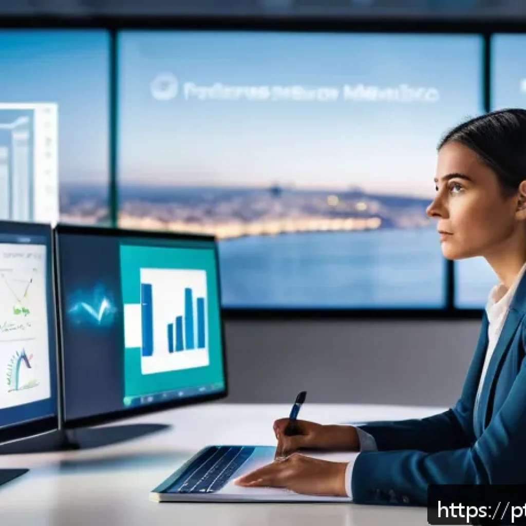 전략경영 직무 인터뷰 - A professional Portuguese businesswoman in a modern office setting, dressed in smart business attire...