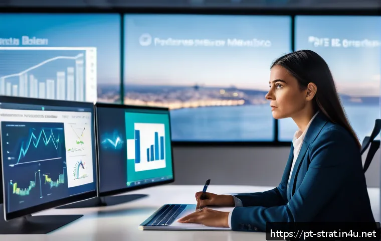 전략경영 직무 인터뷰 - A professional Portuguese businesswoman in a modern office setting, dressed in smart business attire...