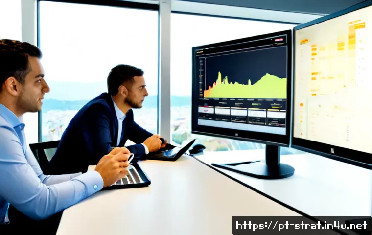 전략경영 업무 자동화 사례 - Photorealistic strategic management automation scene in a modern Lisbon office, a Portuguese busines...